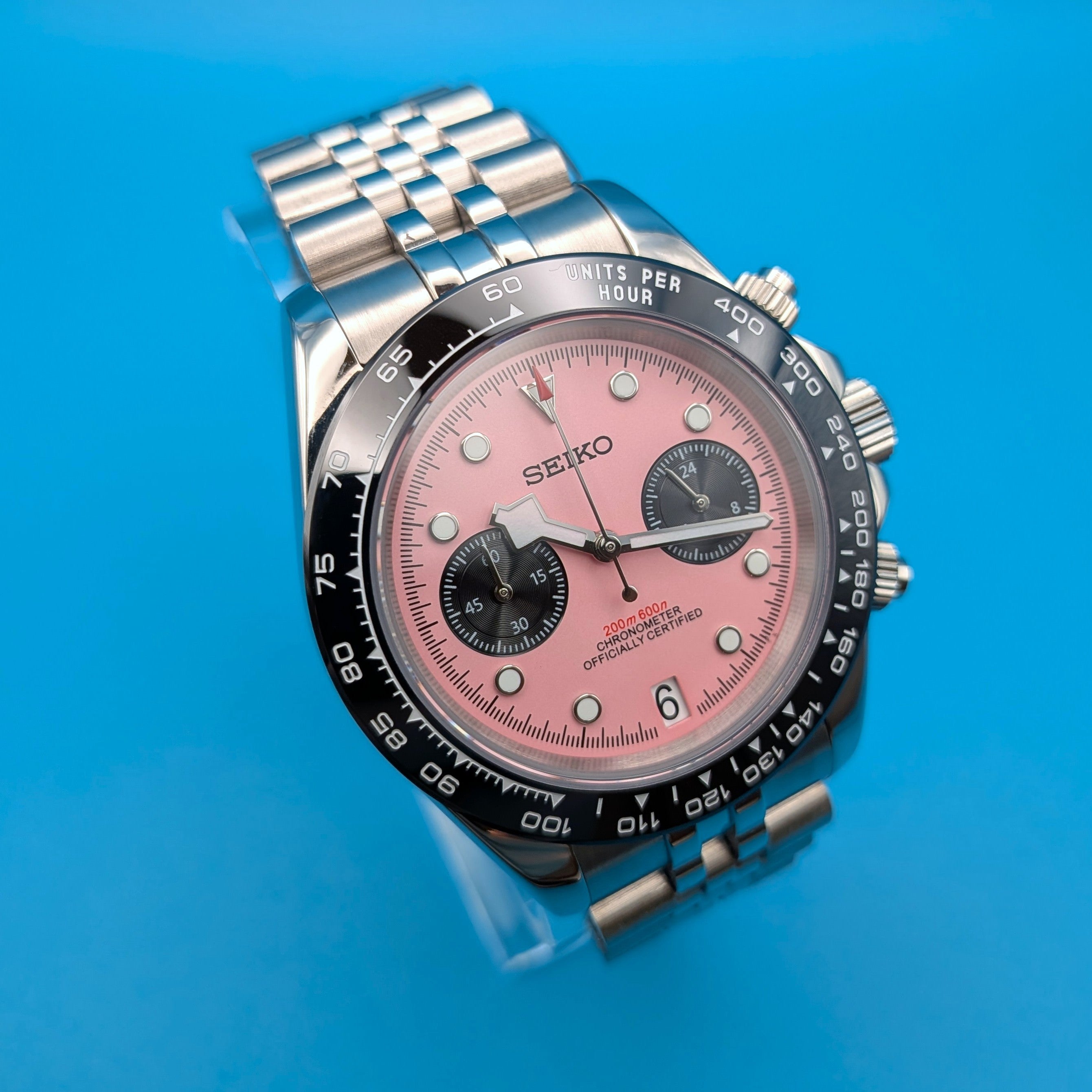 Pink Dial & Black Bezel |Jubilee Bracelet | Seiko VK64 Movement