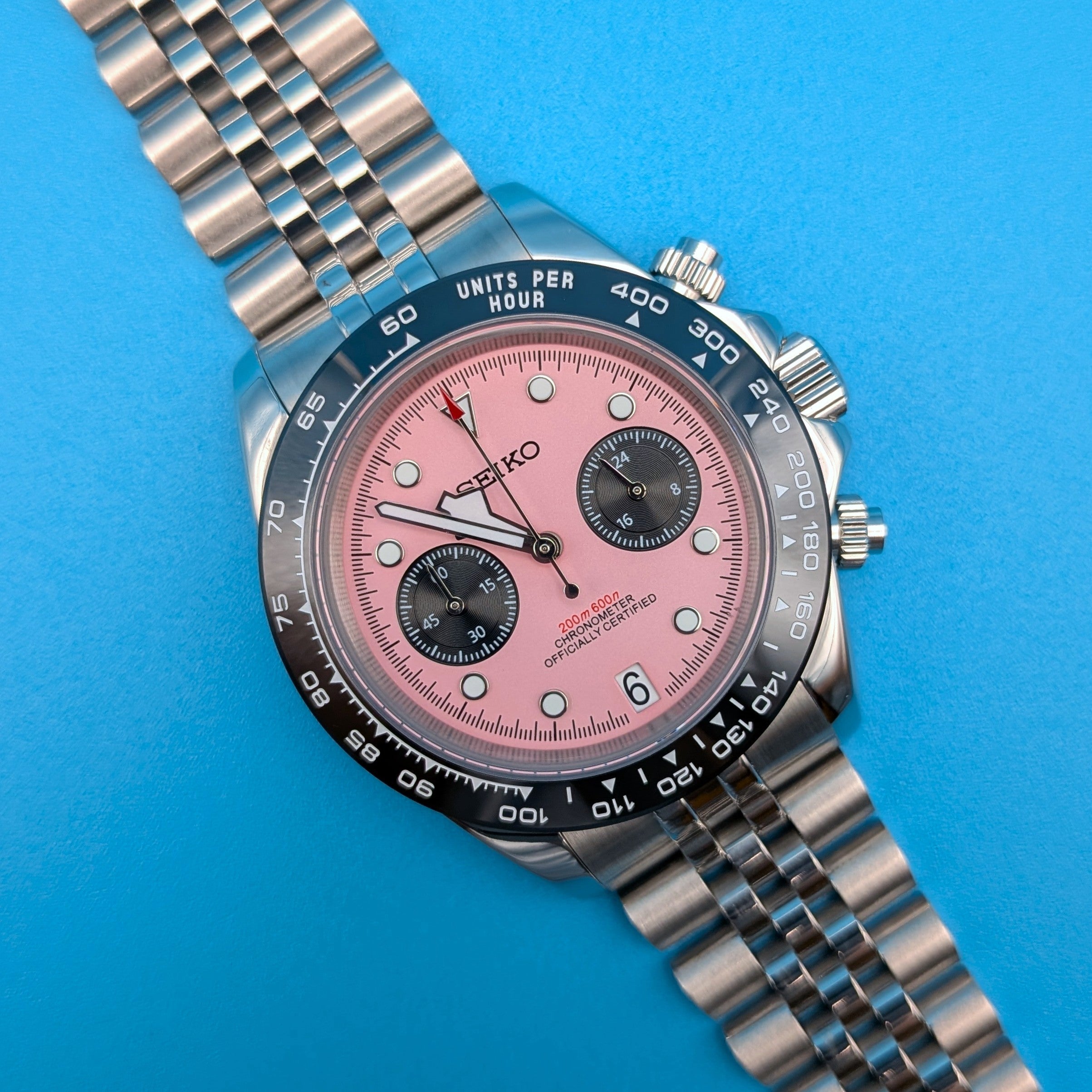 Pink Dial & Black Bezel |Jubilee Bracelet | Seiko VK64 Movement