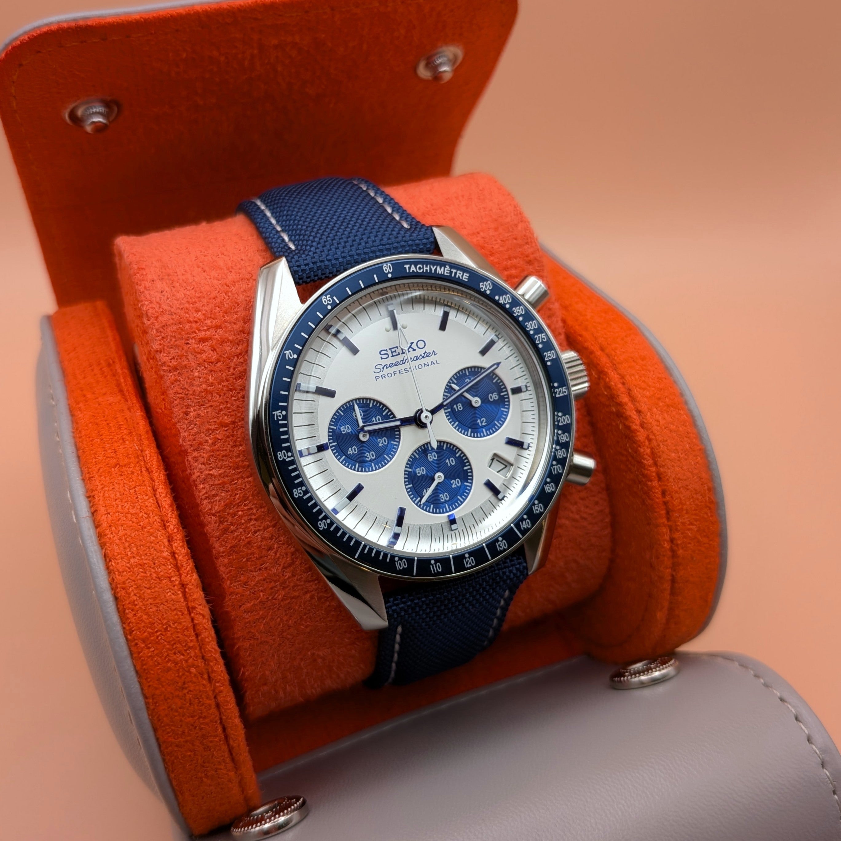 White Dial & Blue Bezel | Blue Strap | Seiko VK63 Movement