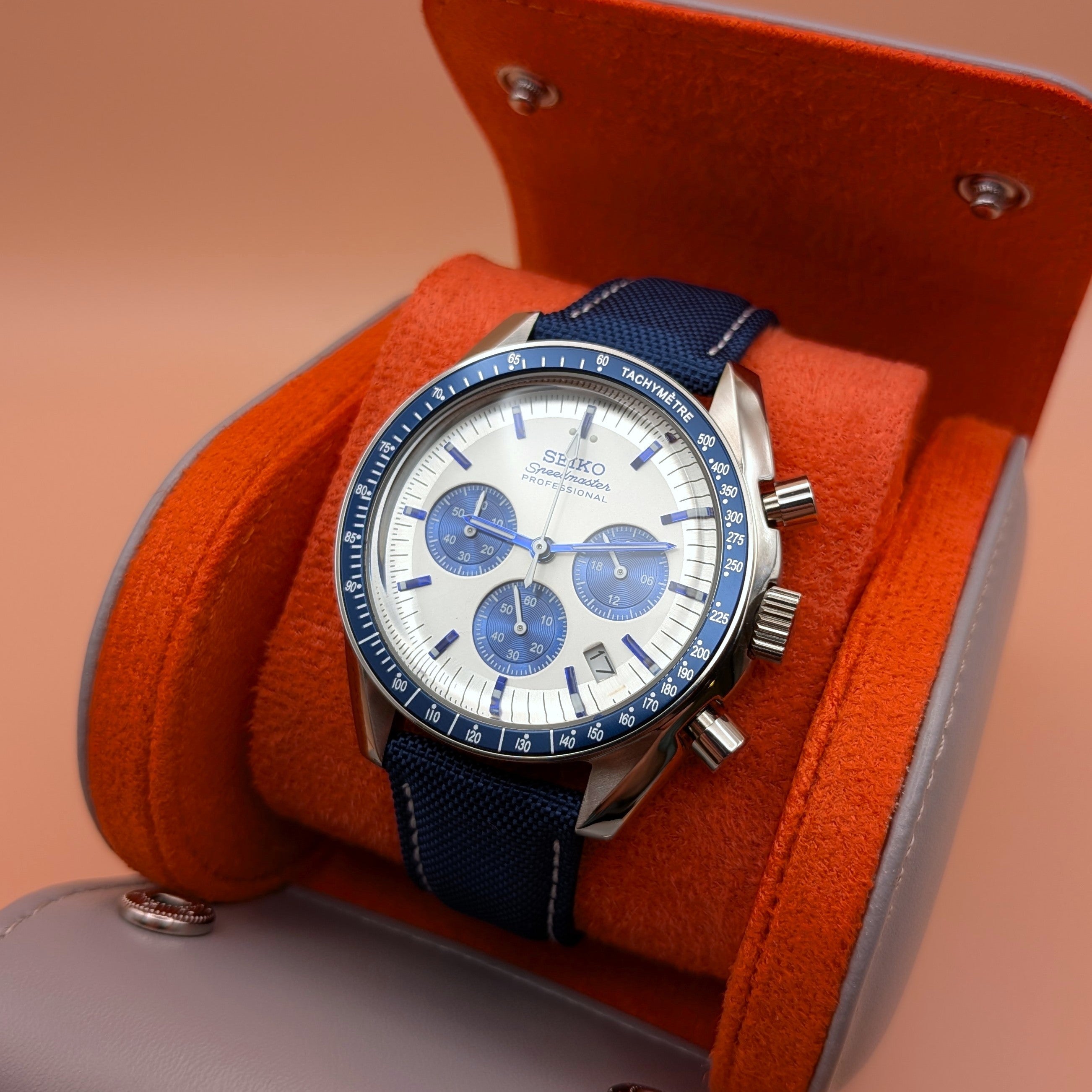 White Dial & Blue Bezel | Blue Strap | Seiko VK63 Movement