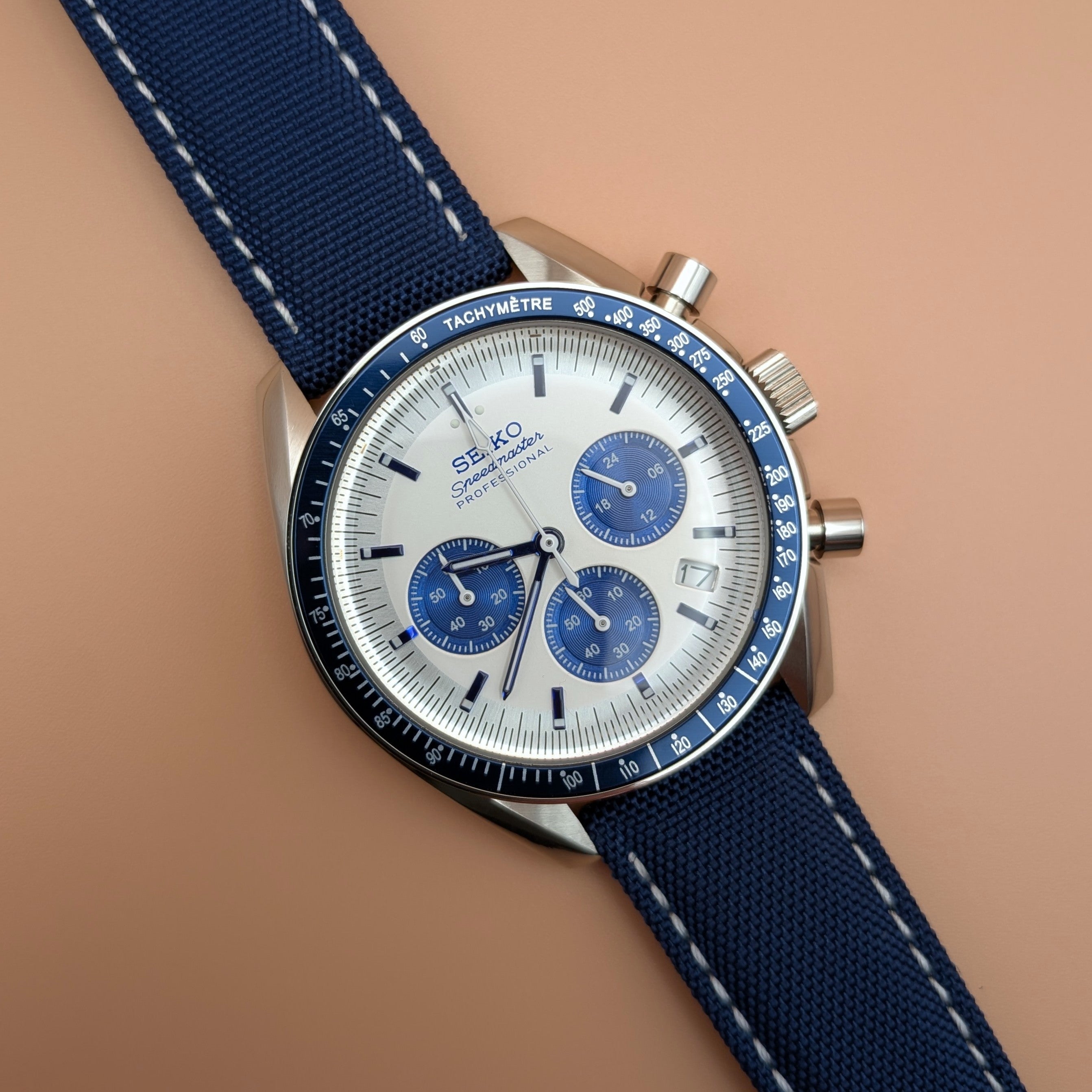 White Dial & Blue Bezel | Blue Strap | Seiko VK63 Movement